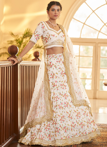Unique Multi Thread Work Chinon Silk White Lehenga Choli